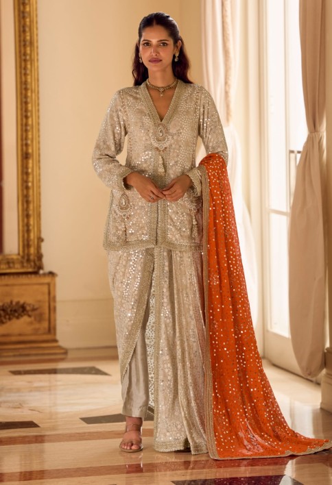 Premium Georgette Orange Heavy Hand-Embroidered Dhoti Set