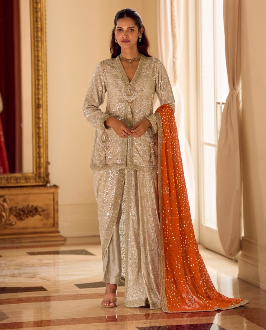 ORANGE - Premium Georgette Orange Heavy Hand-Embroidered Dhoti Set