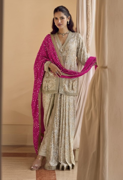 Cream Pink Readymade Georgette Dhoti Pant Set