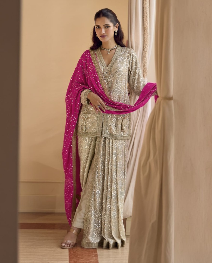 PINK - Cream Pink Readymade Georgette Dhoti Pant Set