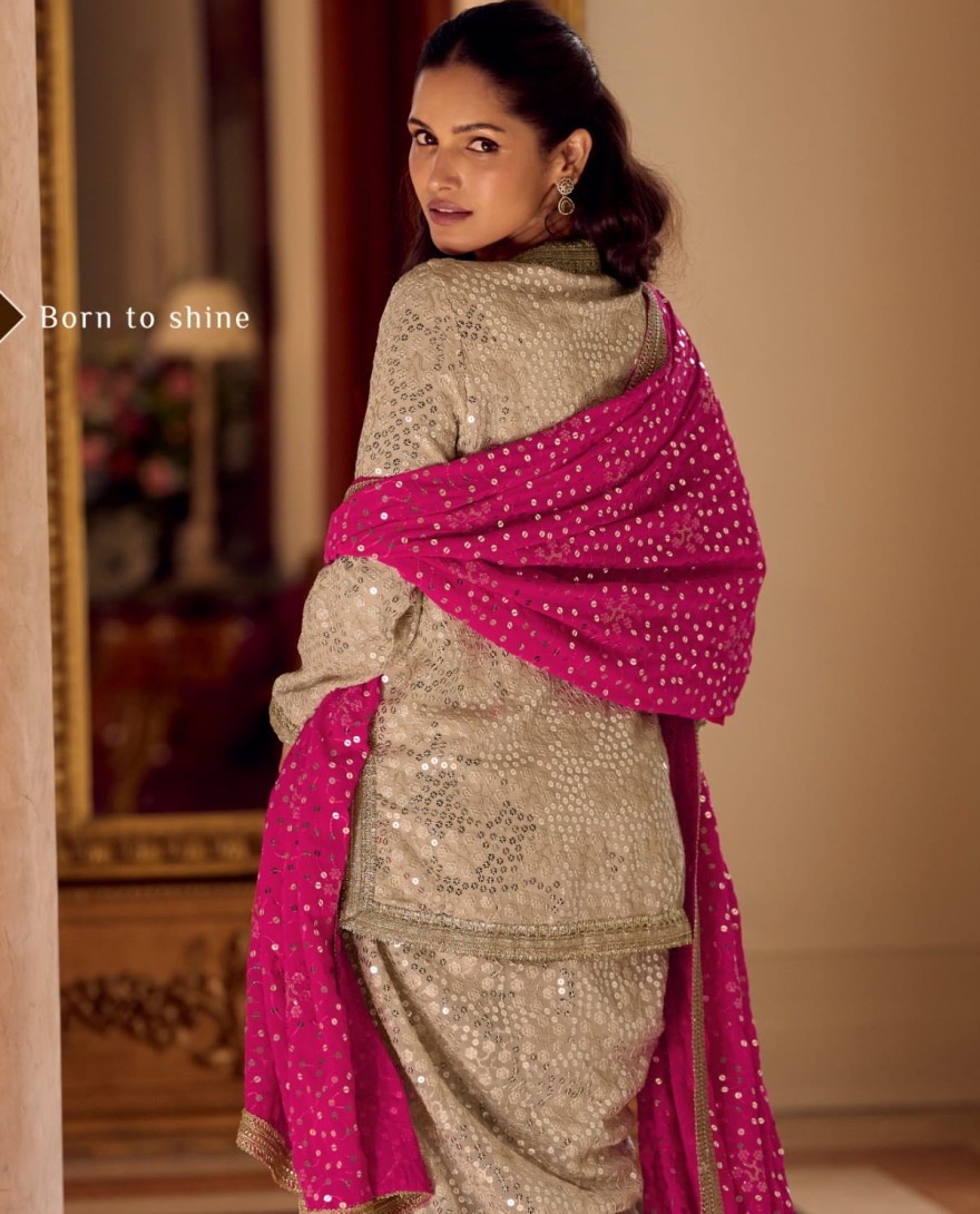 PINK - Cream Pink Readymade Georgette Dhoti Pant Set