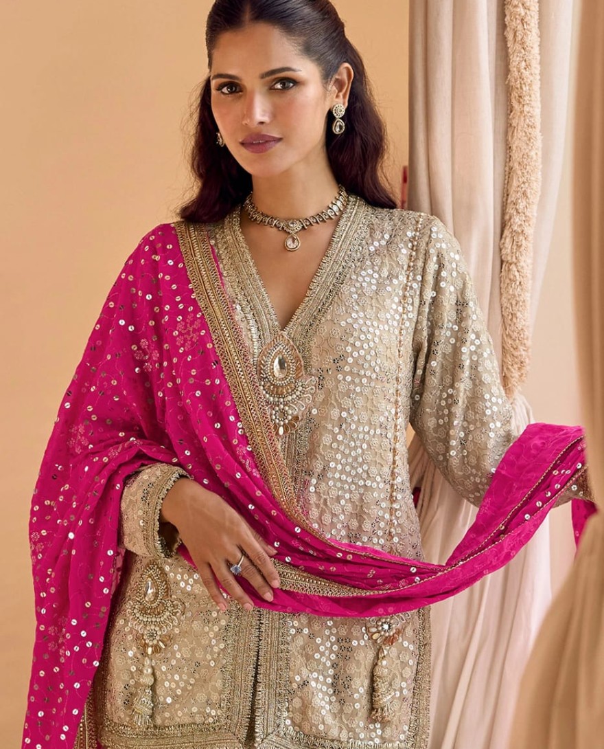 PINK - Cream Pink Readymade Georgette Dhoti Pant Set