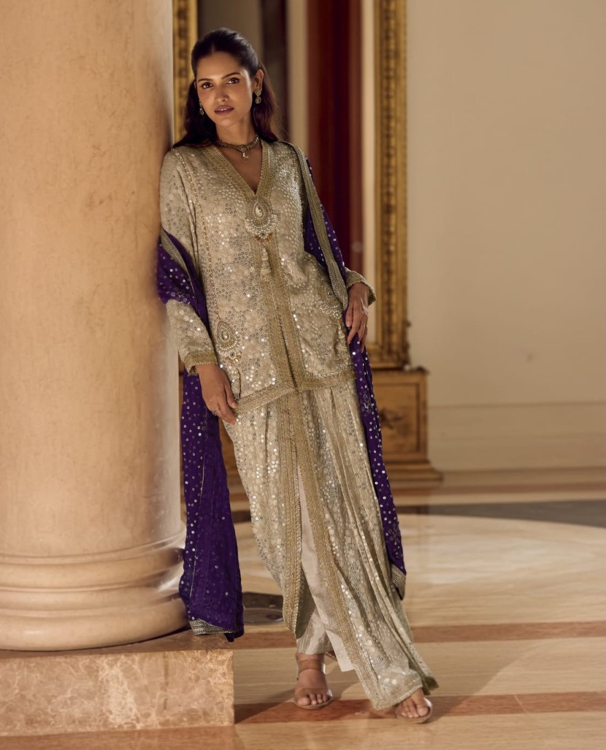 PURPLE - Champagne Gold Premium Dhoti Suit with Purple Mirror Work Dupatta - Champagne Gold