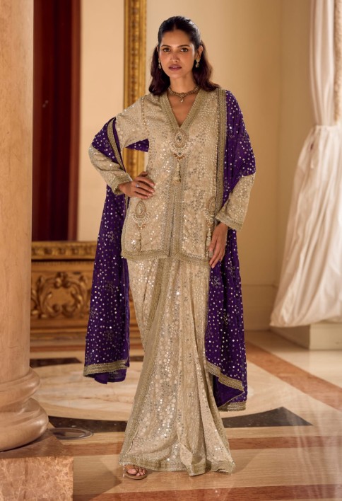 Champagne Gold Premium Dhoti Suit with Purple Mirror Work Dupatta - Champagne Gold