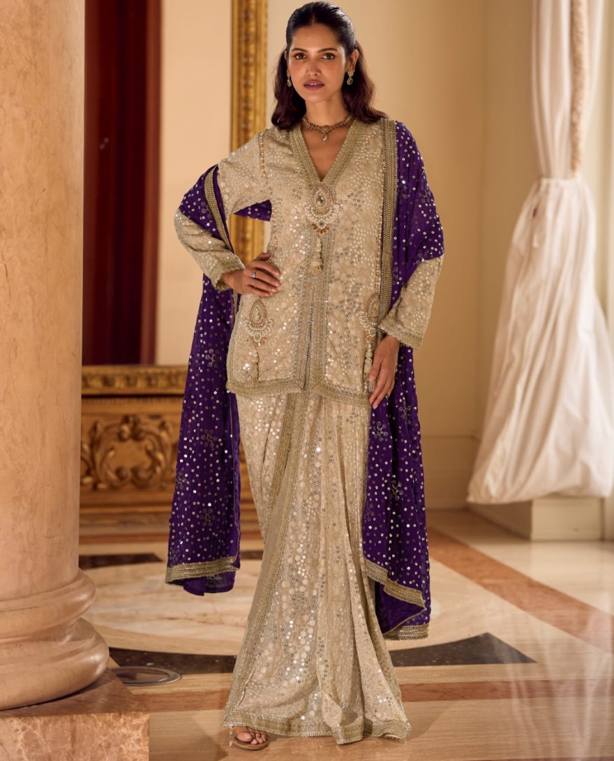 PURPLE - Champagne Gold Premium Dhoti Suit with Purple Mirror Work Dupatta - Champagne Gold