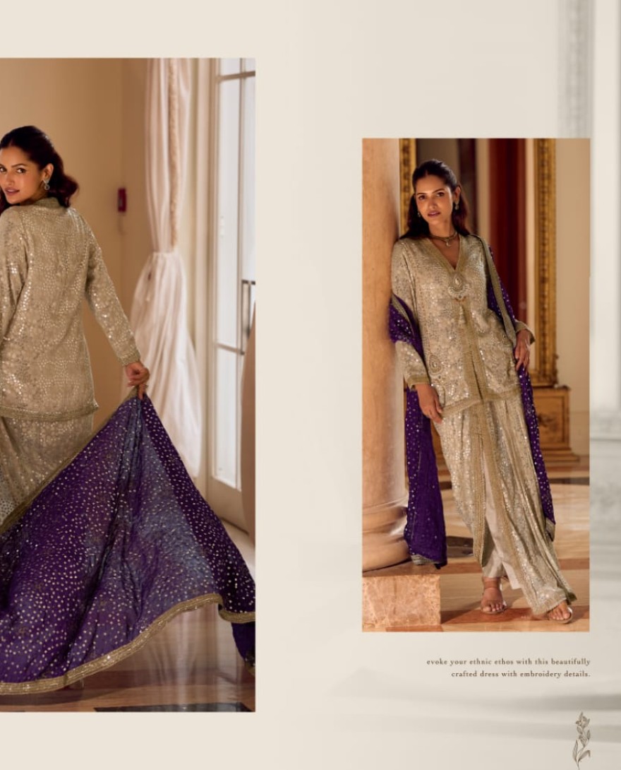 PURPLE - Champagne Gold Premium Dhoti Suit with Purple Mirror Work Dupatta - Champagne Gold