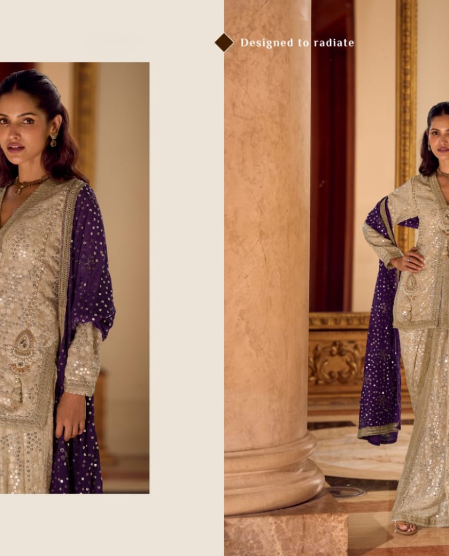 PURPLE - Champagne Gold Premium Dhoti Suit with Purple Mirror Work Dupatta - Champagne Gold