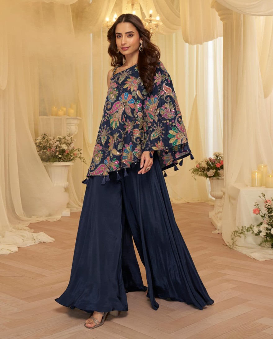 BLUE - Midnight Blue Embroidered Viscose Crepe Silk Palazzo Kameez