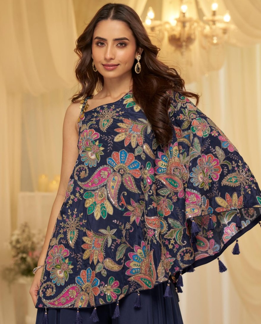 BLUE - Midnight Blue Embroidered Viscose Crepe Silk Palazzo Kameez