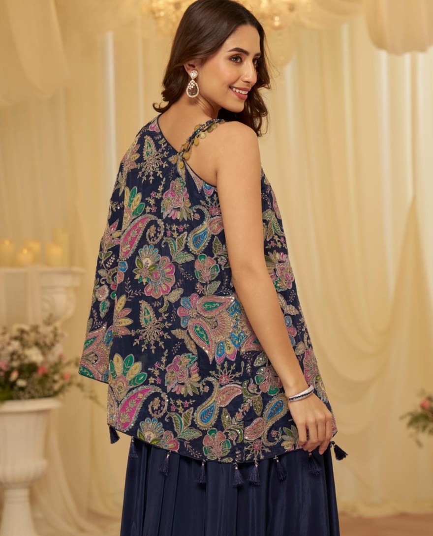 BLUE - Midnight Blue Embroidered Viscose Crepe Silk Palazzo Kameez