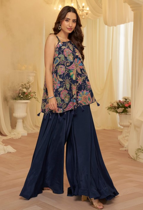 Midnight Blue Embroidered Viscose Crepe Silk Palazzo Kameez