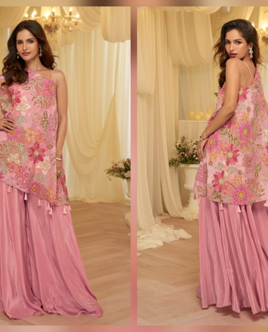 PINK - Carnation Pink Embroidered Viscose Crepe Silk Palazzo Kameez