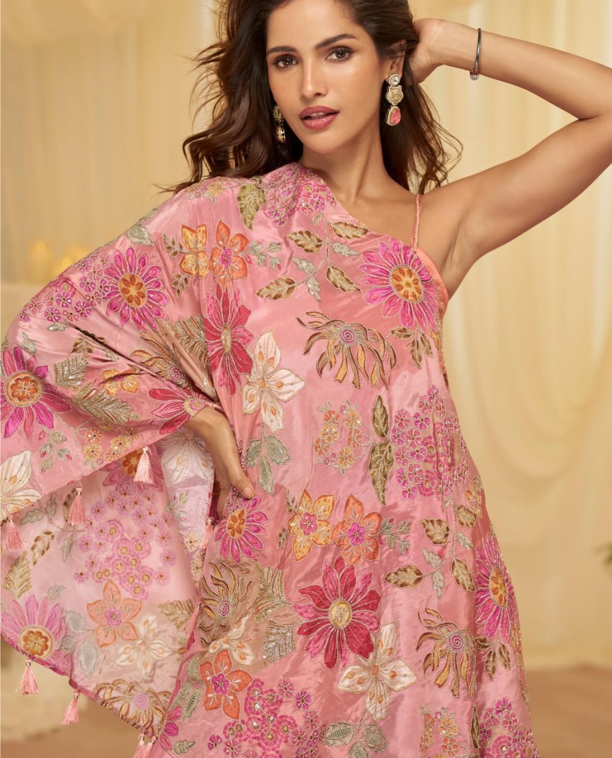 PINK - Carnation Pink Embroidered Viscose Crepe Silk Palazzo Kameez