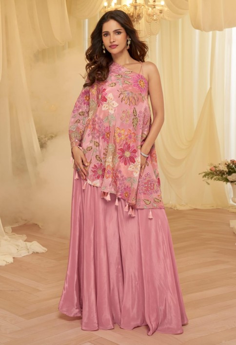 Carnation Pink Embroidered Viscose Crepe Silk Palazzo Kameez