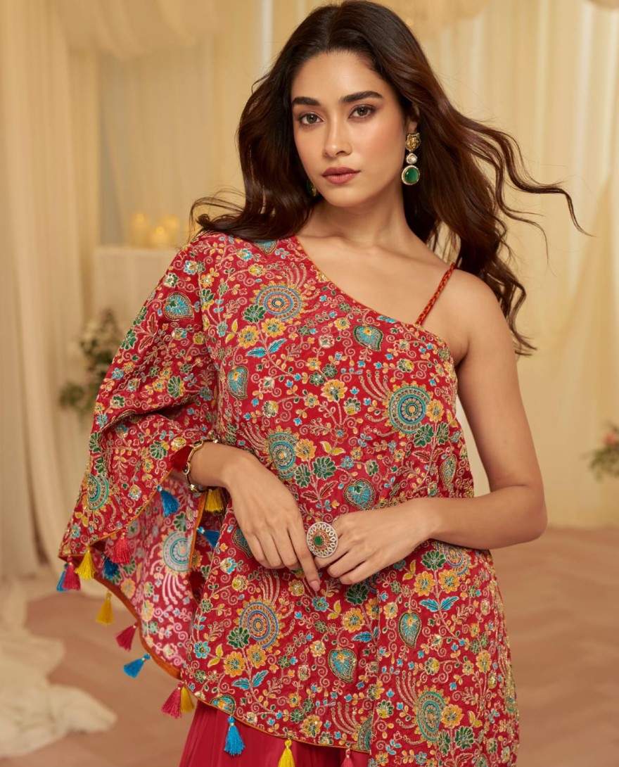 RED - Cherry Red Embroidered Viscose Crepe Silk Palazzo Kameez