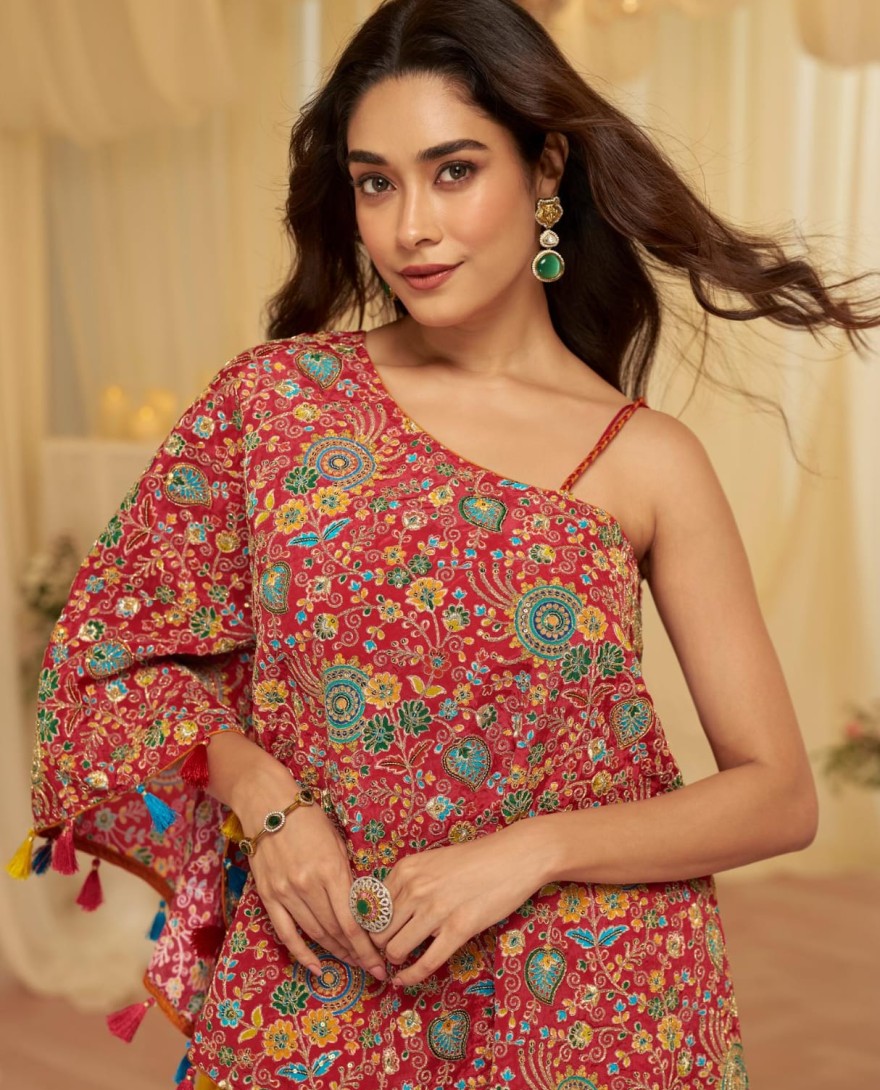 RED - Cherry Red Embroidered Viscose Crepe Silk Palazzo Kameez