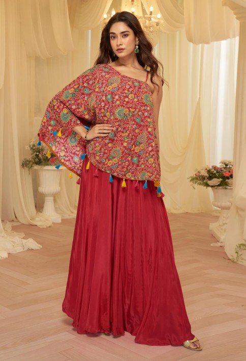 Cherry Red Embroidered Viscose Crepe Silk Palazzo Kameez