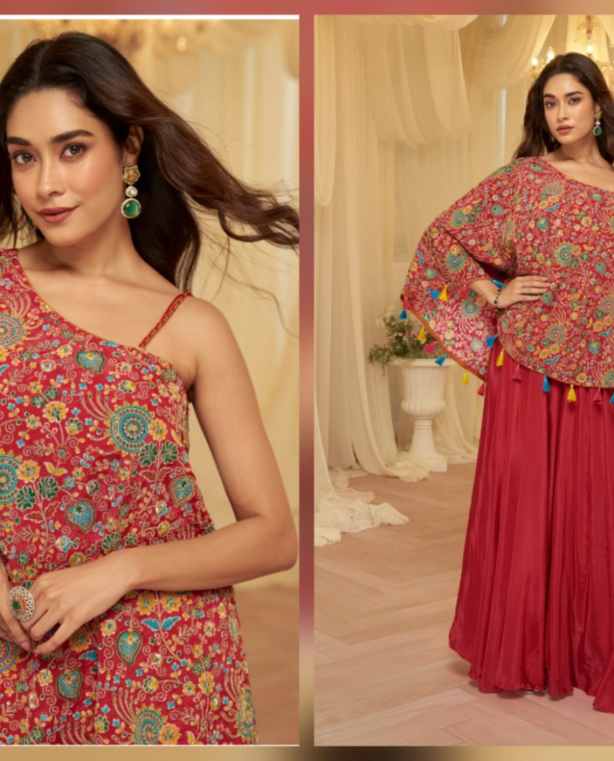 RED - Cherry Red Embroidered Viscose Crepe Silk Palazzo Kameez