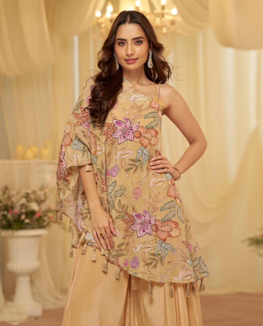 YELLOW - Beige Embroidered Viscose Crepe Silk Palazzo Kameez