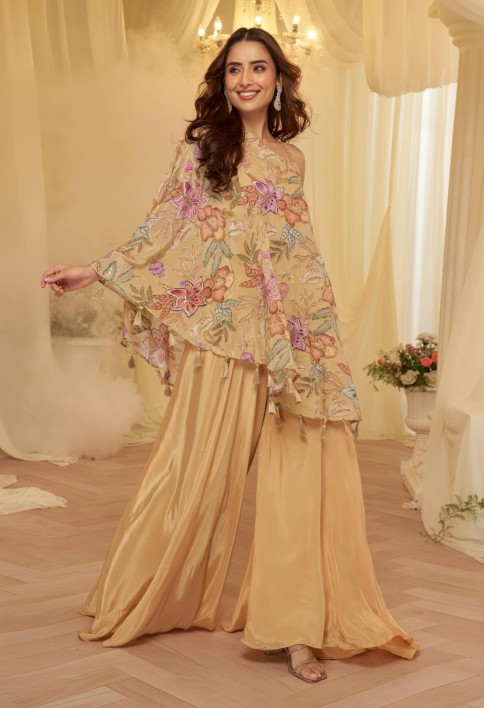 Beige Embroidered Viscose Crepe Silk Palazzo Kameez