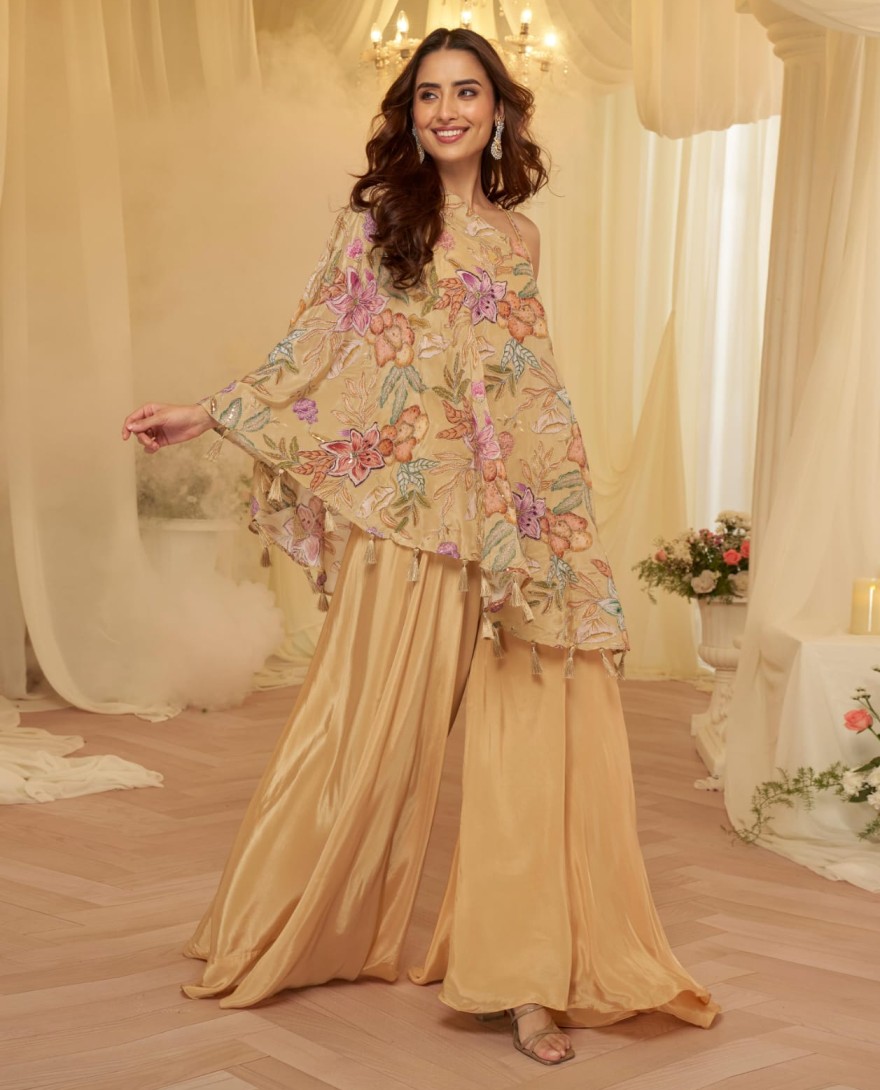 YELLOW - Beige Embroidered Viscose Crepe Silk Palazzo Kameez