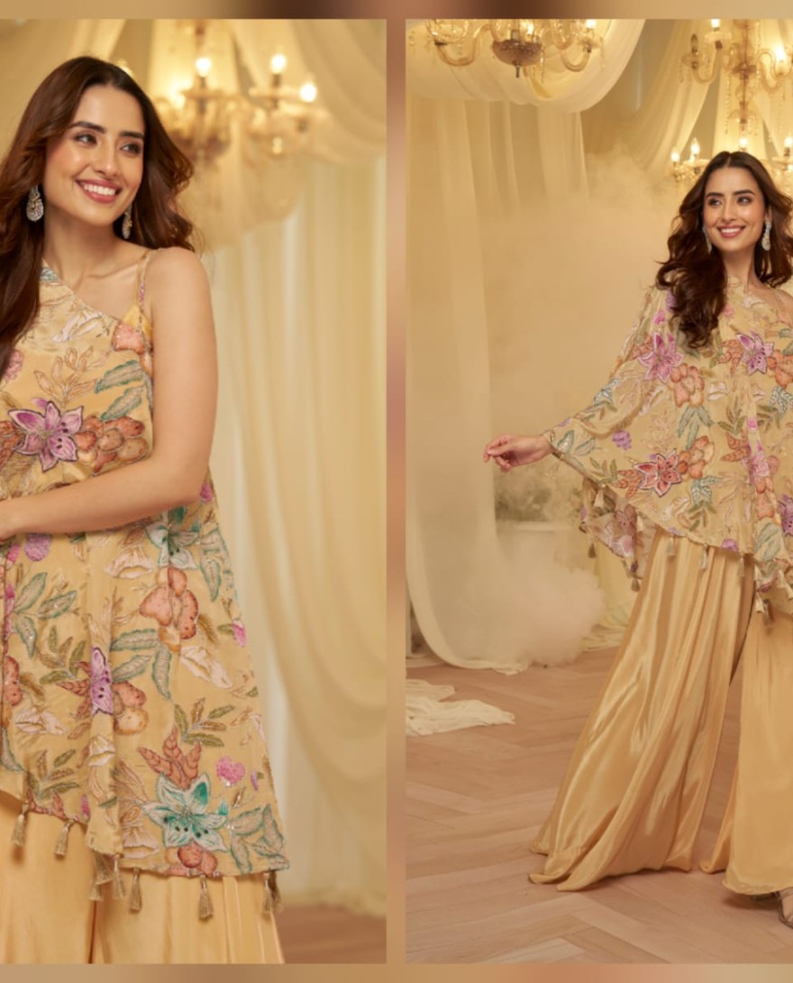 YELLOW - Beige Embroidered Viscose Crepe Silk Palazzo Kameez