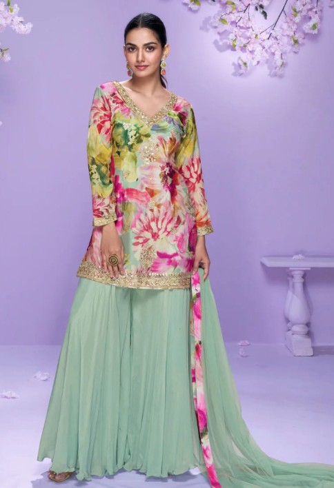 Pastel Green Chinon Silk Palazzo Suit with Floral Print For Indian Wedding and Pakistani Festival