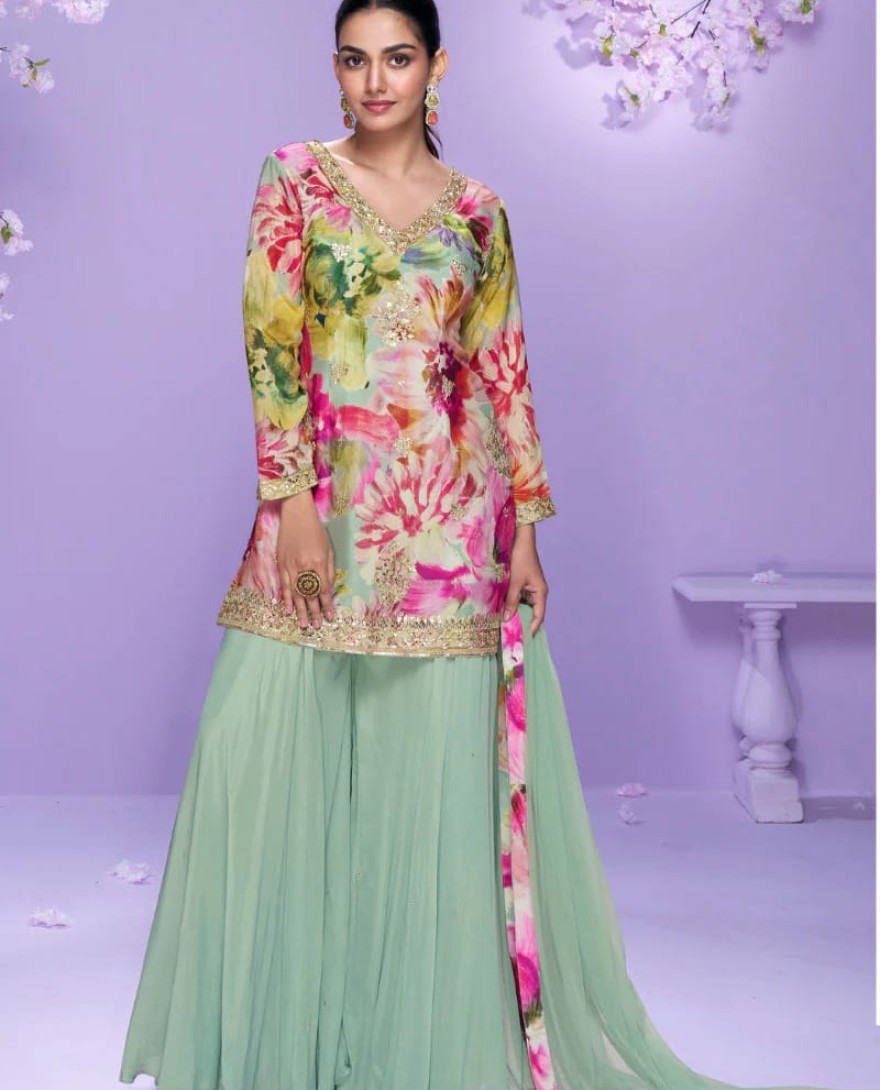 10041 - Pastel Green Chinon Silk Palazzo Suit with Floral Print For Indian Wedding and Pakistani Festival