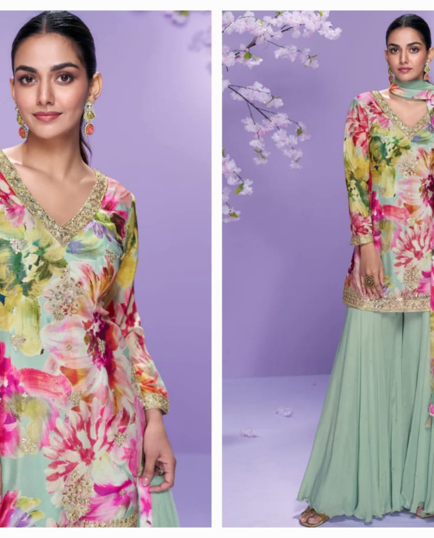10041 - Pastel Green Chinon Silk Palazzo Suit with Floral Print For Indian Wedding and Pakistani Festival