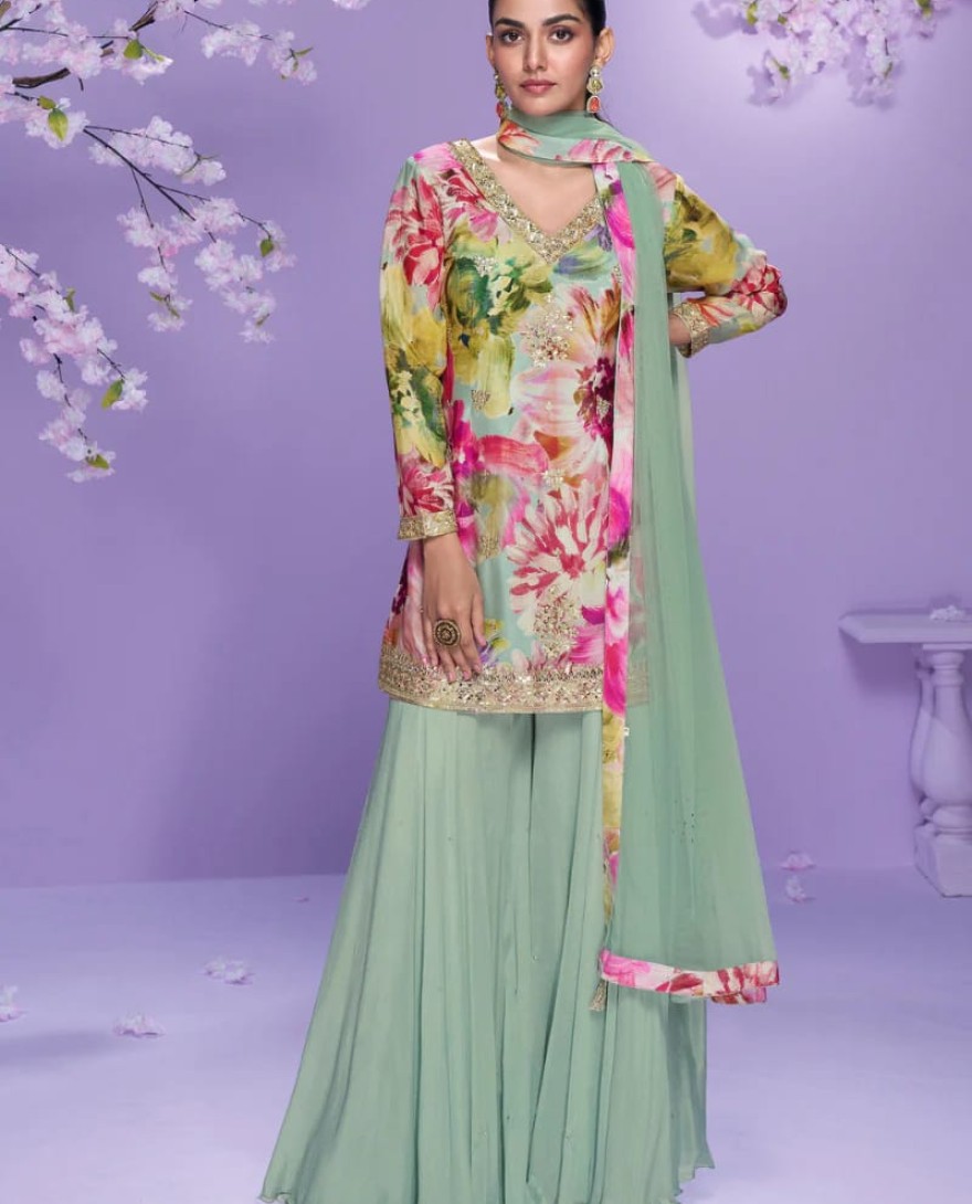 10041 - Pastel Green Chinon Silk Palazzo Suit with Floral Print For Indian Wedding and Pakistani Festival