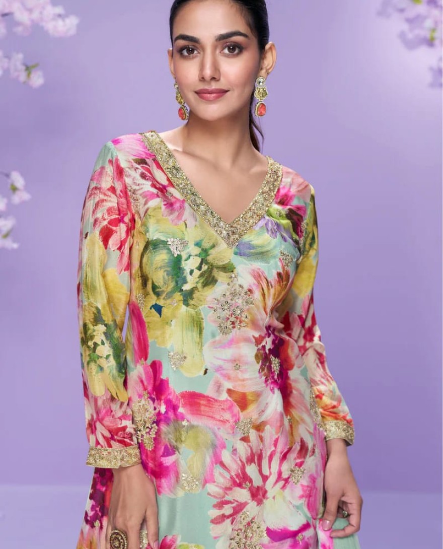 10041 - Pastel Green Chinon Silk Palazzo Suit with Floral Print For Indian Wedding and Pakistani Festival