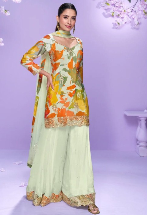 Orange & Green Floral Chinon Palazzo Suit with Dupatta for Indian Wedding and Pakistani Festival