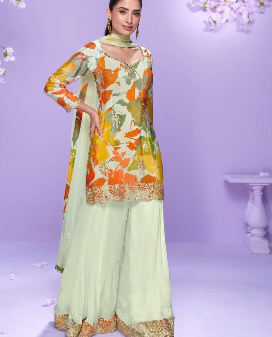 10042 - Orange & Green Floral Chinon Palazzo Suit with Dupatta for Indian Wedding and Pakistani Festival