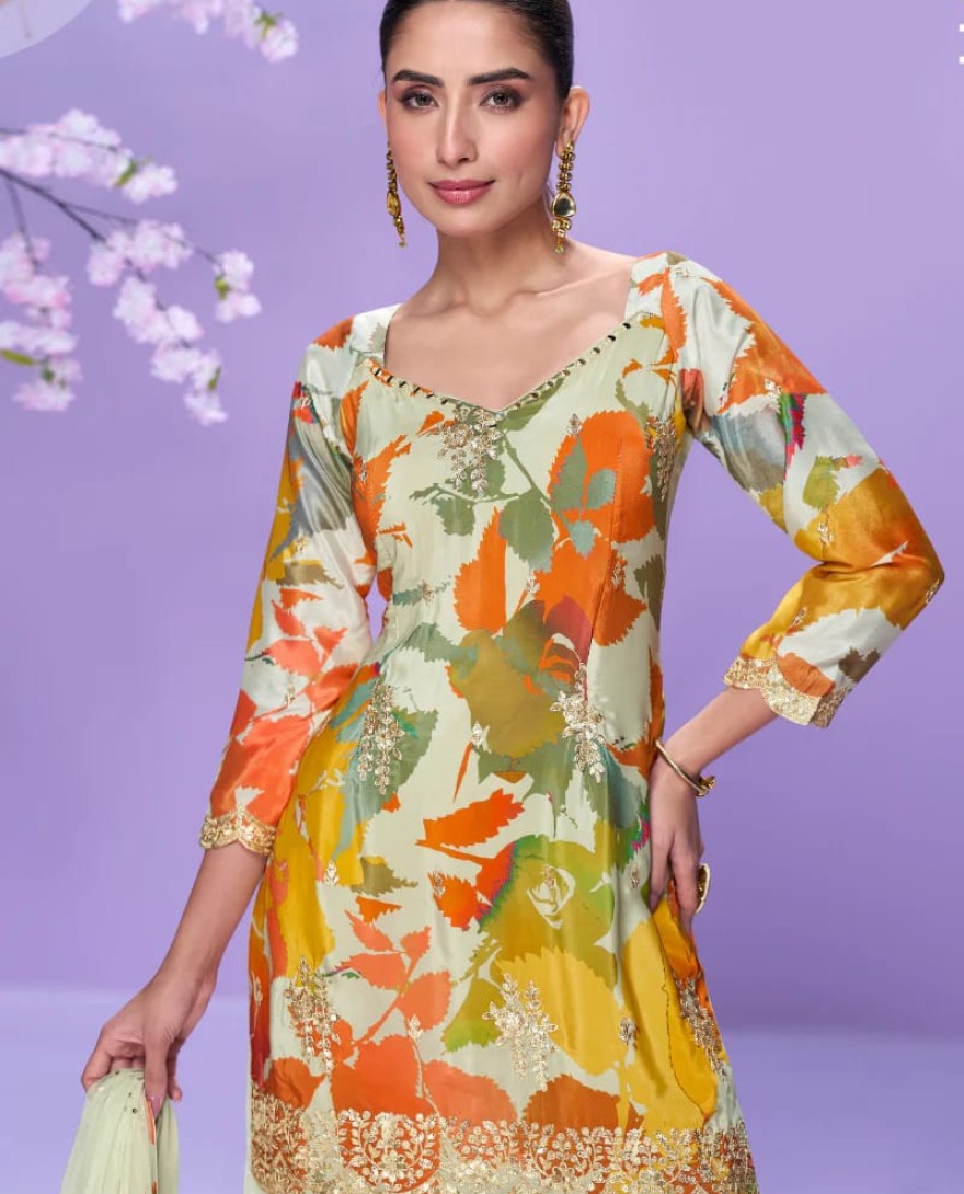 10042 - Orange & Green Floral Chinon Palazzo Suit with Dupatta for Indian Wedding and Pakistani Festival