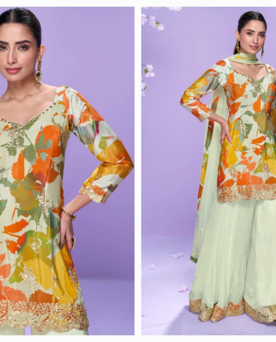 10042 - Orange & Green Floral Chinon Palazzo Suit with Dupatta for Indian Wedding and Pakistani Festival