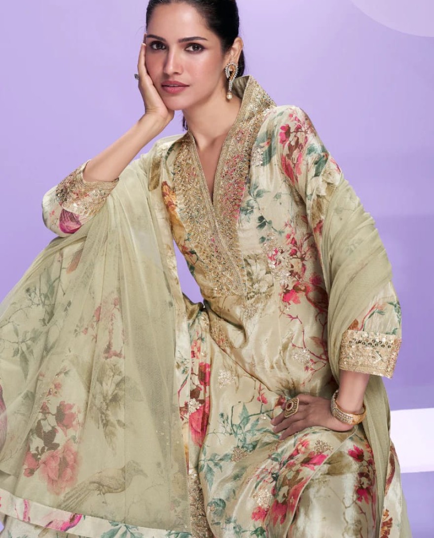 10043 - Beige Floral Chinon Silk Palazzo Suit with Embroidered Neckline For Indian Wedding and Pakistani Festival