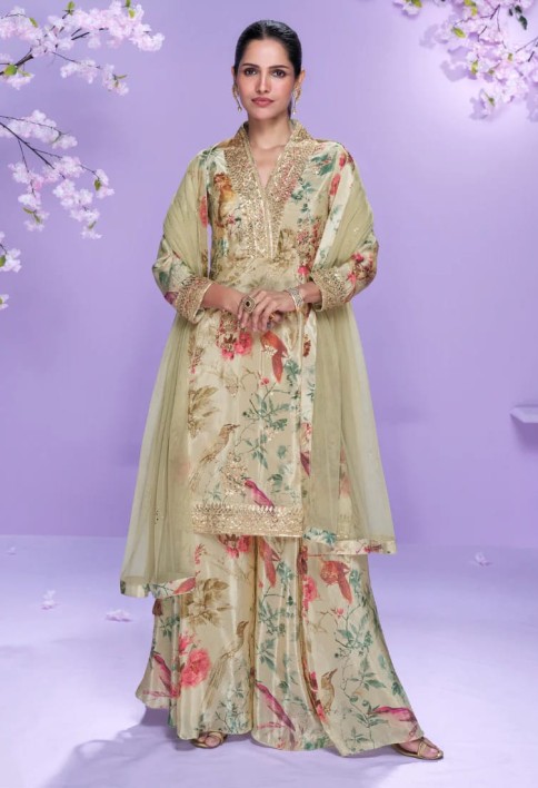 Beige Floral Chinon Silk Palazzo Suit with Embroidered Neckline For Indian Wedding and Pakistani Festival