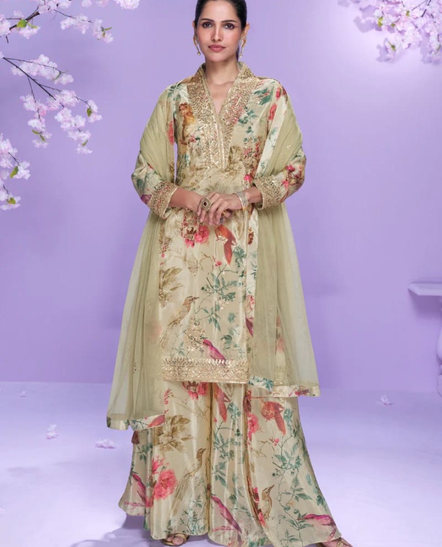 10043 - Beige Floral Chinon Silk Palazzo Suit with Embroidered Neckline For Indian Wedding and Pakistani Festival
