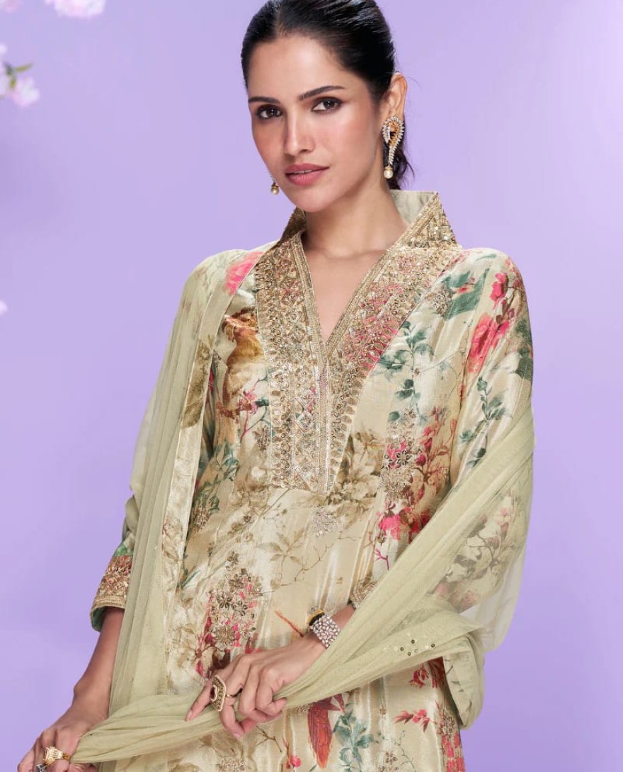 10043 - Beige Floral Chinon Silk Palazzo Suit with Embroidered Neckline For Indian Wedding and Pakistani Festival