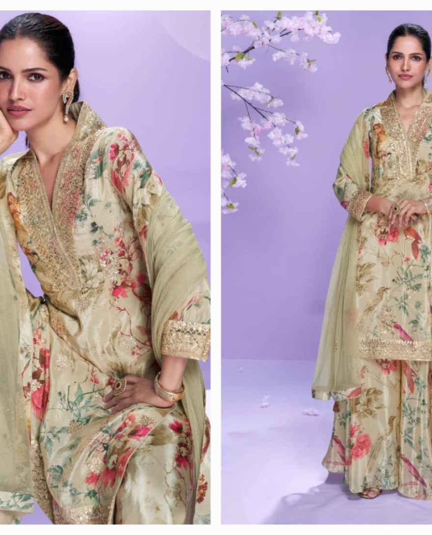10043 - Beige Floral Chinon Silk Palazzo Suit with Embroidered Neckline For Indian Wedding and Pakistani Festival
