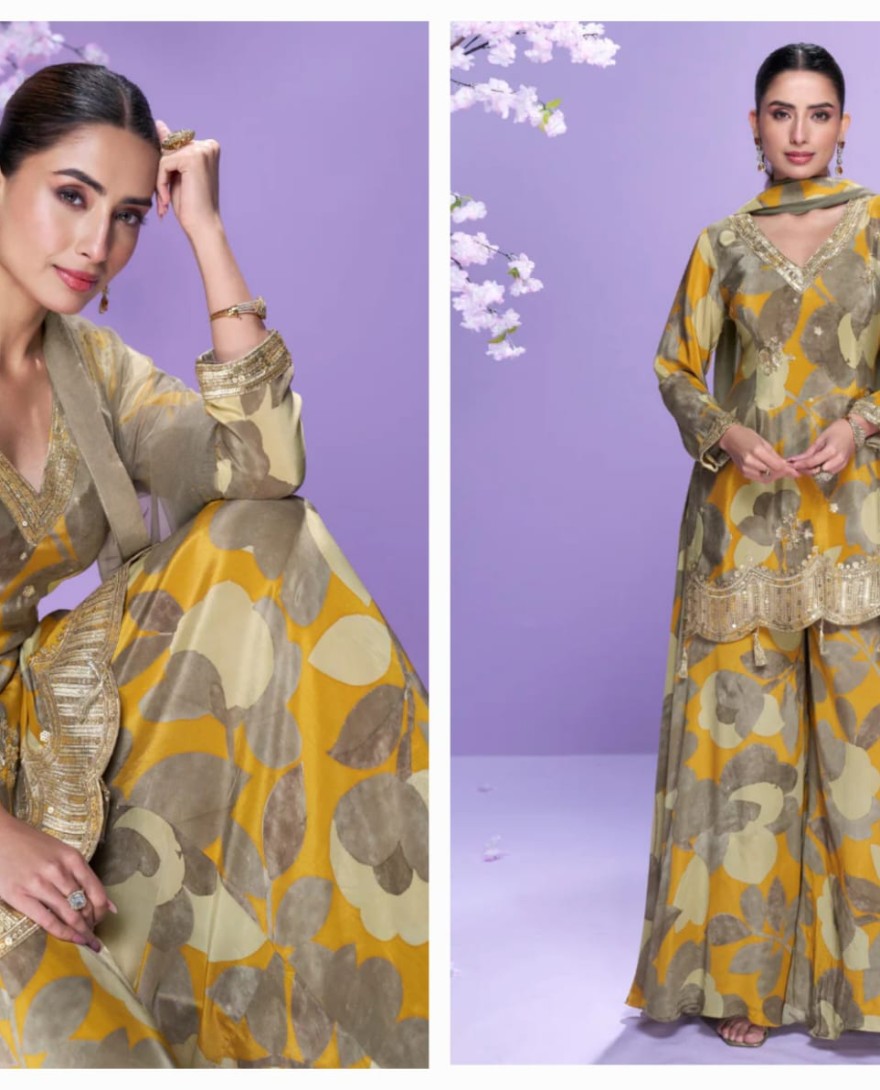 10044 - Yellow and Grey Chinon Silk Palazzo Suit For Indian Wedding and Pakistani Festival