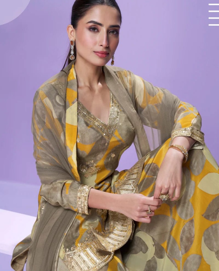 10044 - Yellow and Grey Chinon Silk Palazzo Suit For Indian Wedding and Pakistani Festival