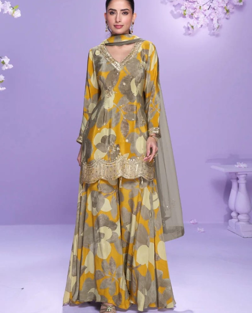 10044 - Yellow and Grey Chinon Silk Palazzo Suit For Indian Wedding and Pakistani Festival