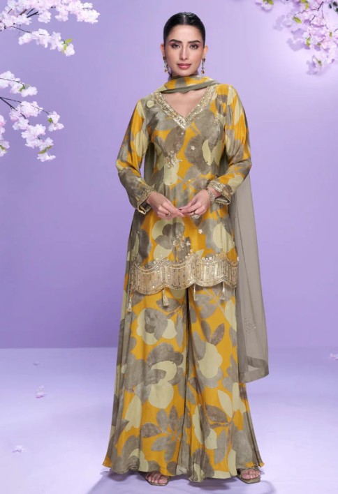 Yellow and Grey Chinon Silk Palazzo Suit For Indian Wedding and Pakistani Festival