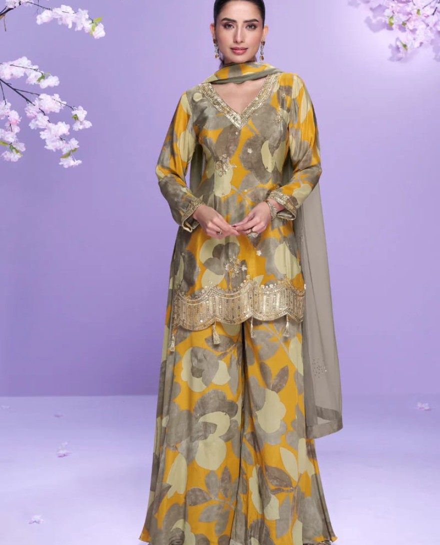 10044 - Yellow and Grey Chinon Silk Palazzo Suit For Indian Wedding and Pakistani Festival