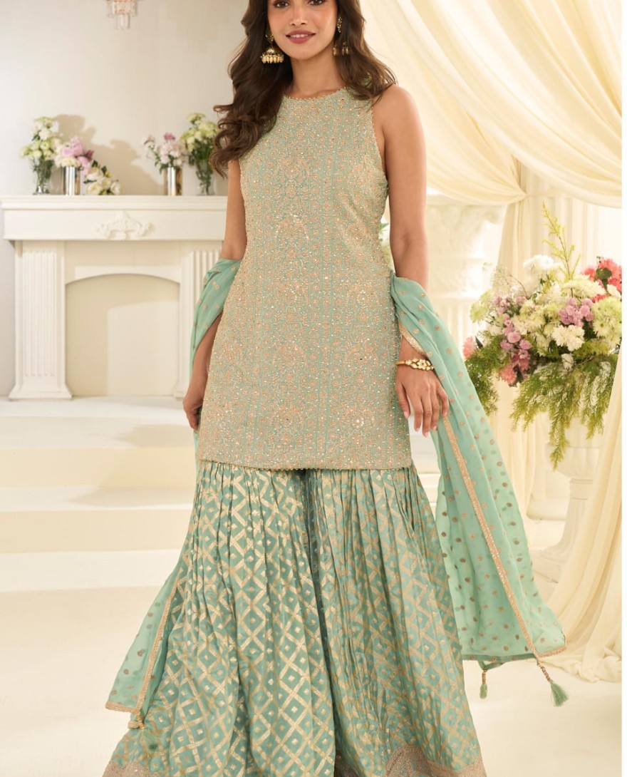 GREEN - Pastel Green Embroidered Georgette Designer Sarara Kameez
