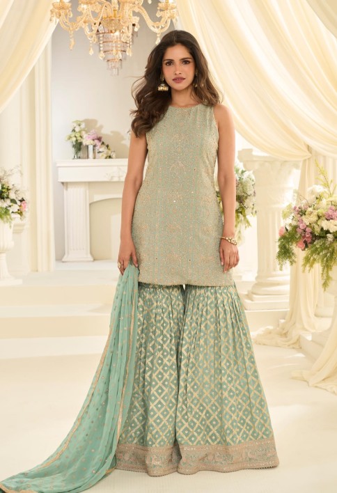 Pastel Green Embroidered Georgette Designer Sarara Kameez
