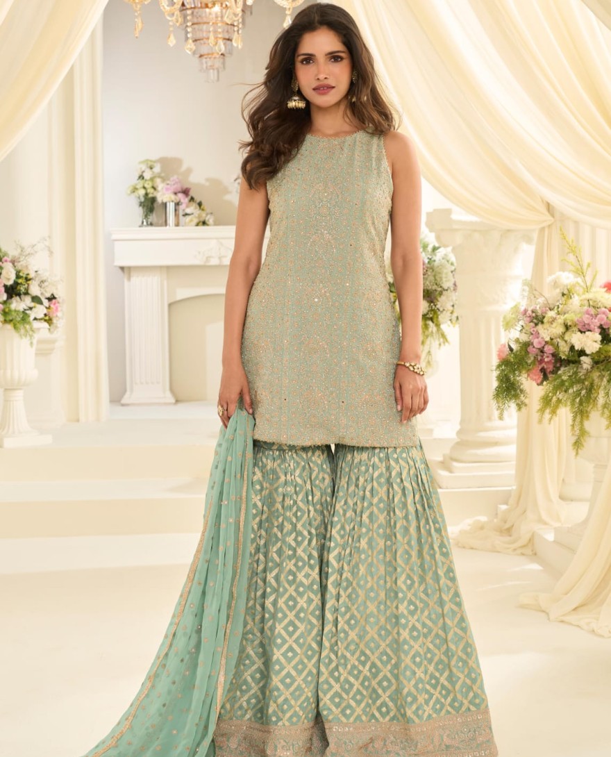 GREEN - Pastel Green Embroidered Georgette Designer Sarara Kameez