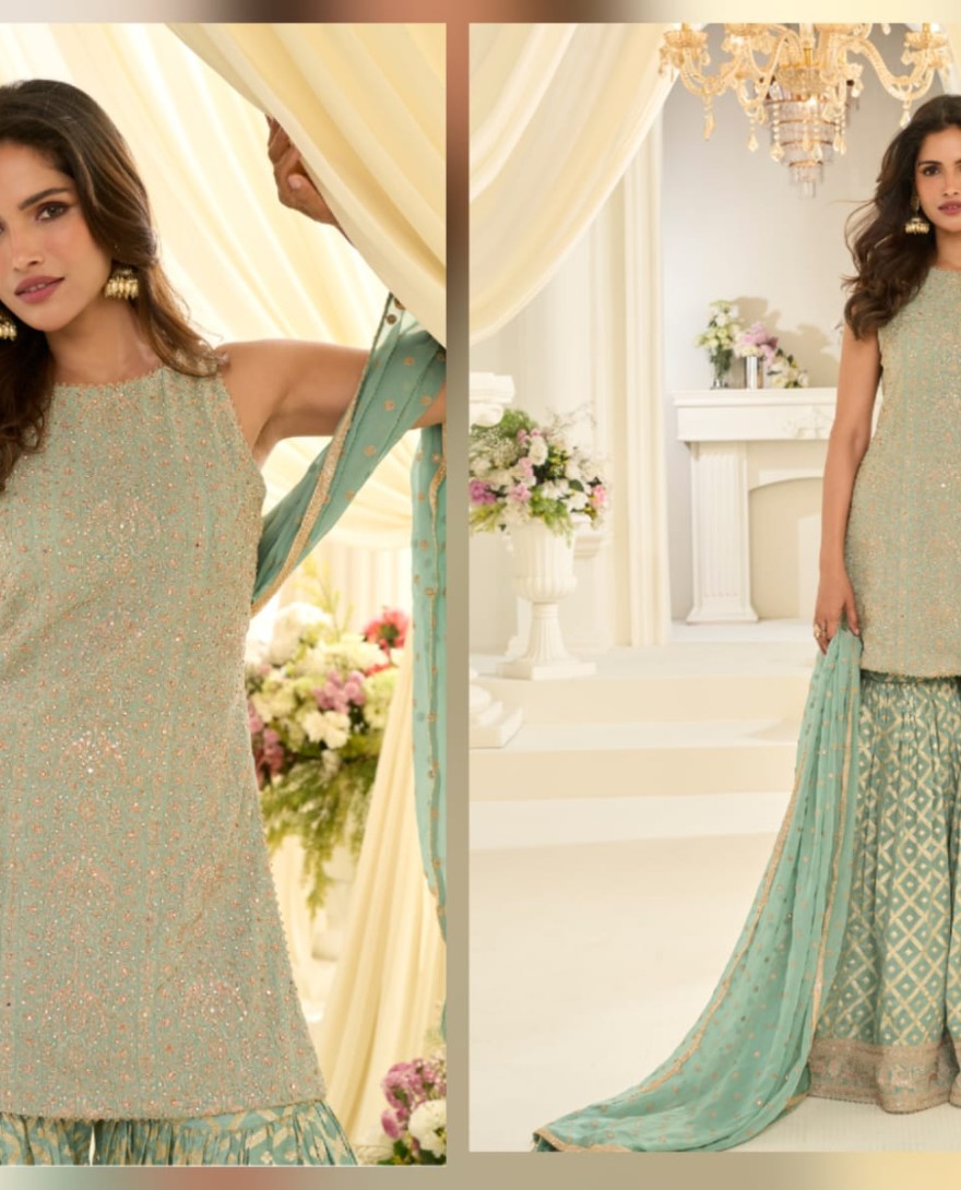 GREEN - Pastel Green Embroidered Georgette Designer Sarara Kameez