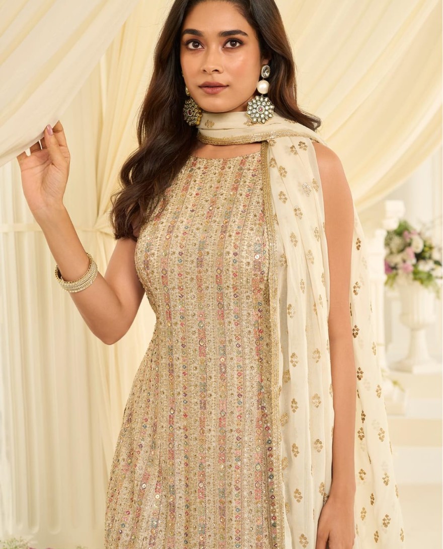 WHITE - Cream Embroidered Georgette Designer Sarara Kameez